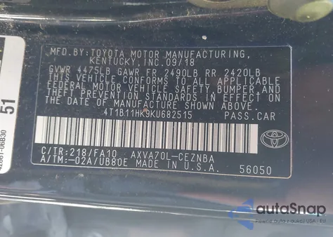 2019 Toyota Camry Le из США, поврежденный, VIN 4T1B11HK9KU682515